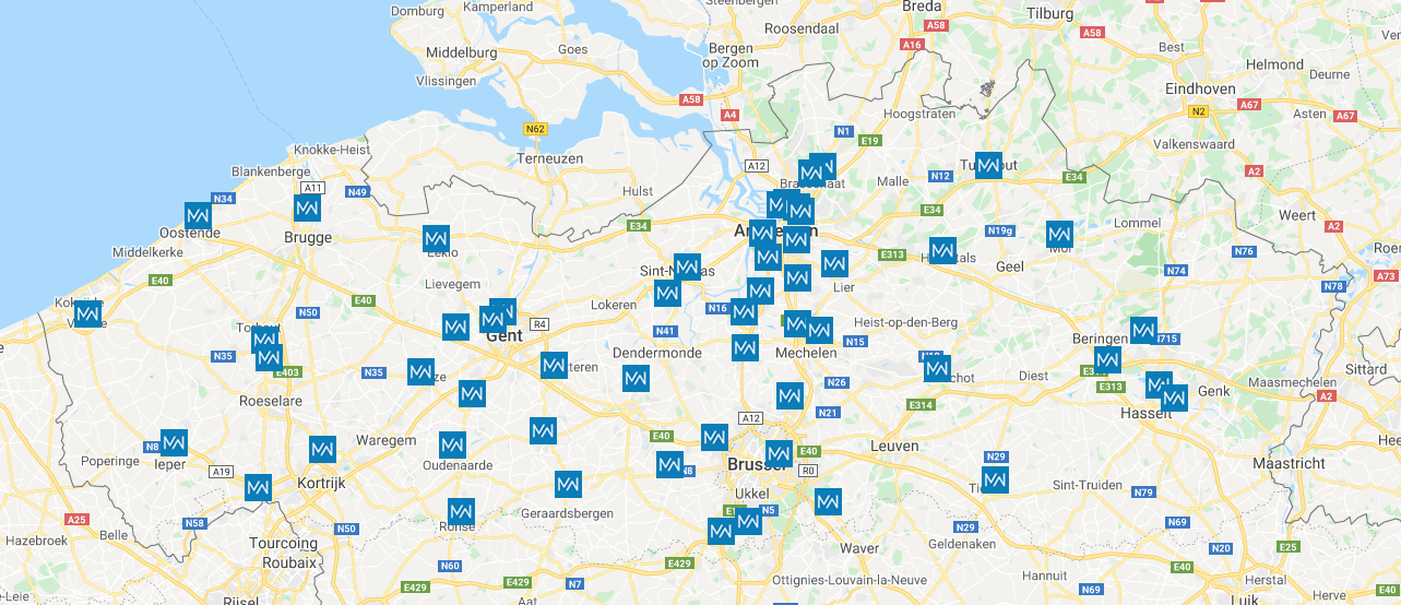 Kaart met locatie Vlaamse maatwerkbedrijven
